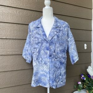 Pastel blue silk shirt, Vintage women’s Map/ glob print Africa shirt / Size 14
